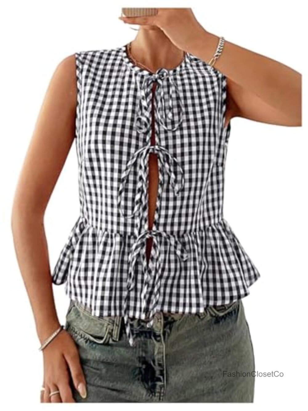 Sleeveless Gingham Tie Front Peplum Tank Top Vacation Outfit